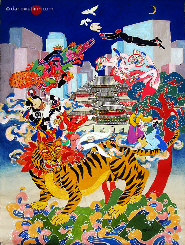 Hàn Quốc, truyền thống- hiện đại - phát triển - Bột màu trên giấy Dó, 90cm x 110cm, 2015